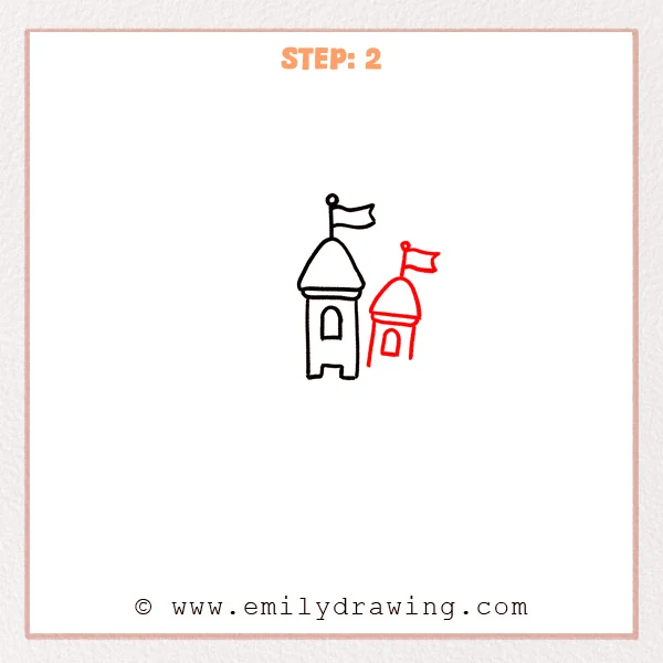 how to draw a cartoon castle - A cartoon castle now has a second smaller tower on the right with a rounded roof, a flag, and an arched window, overlapping the main tower.